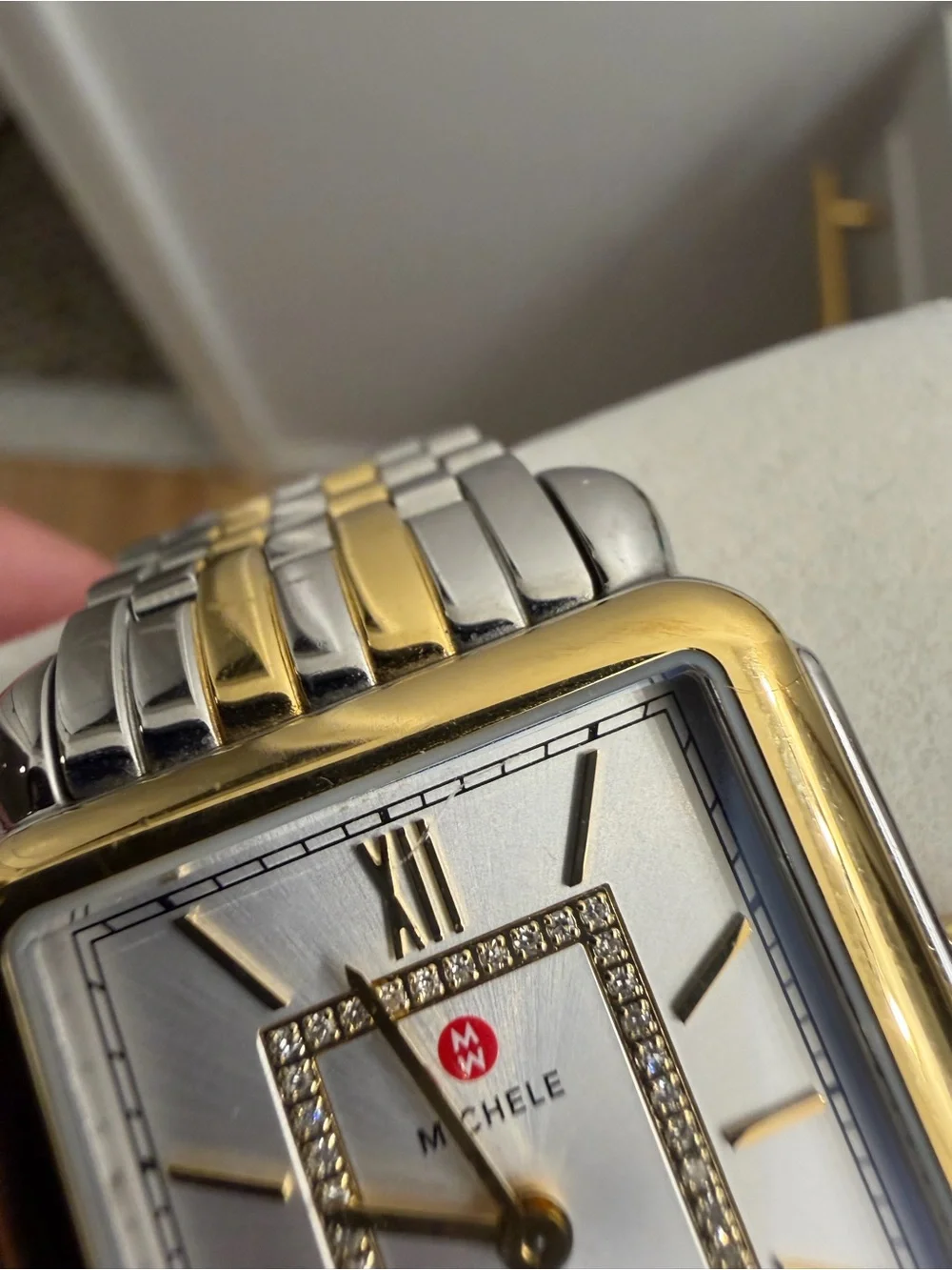 Michele Two-Tone Gold and Silver Rectangular Diamond Accent Dress Watch
